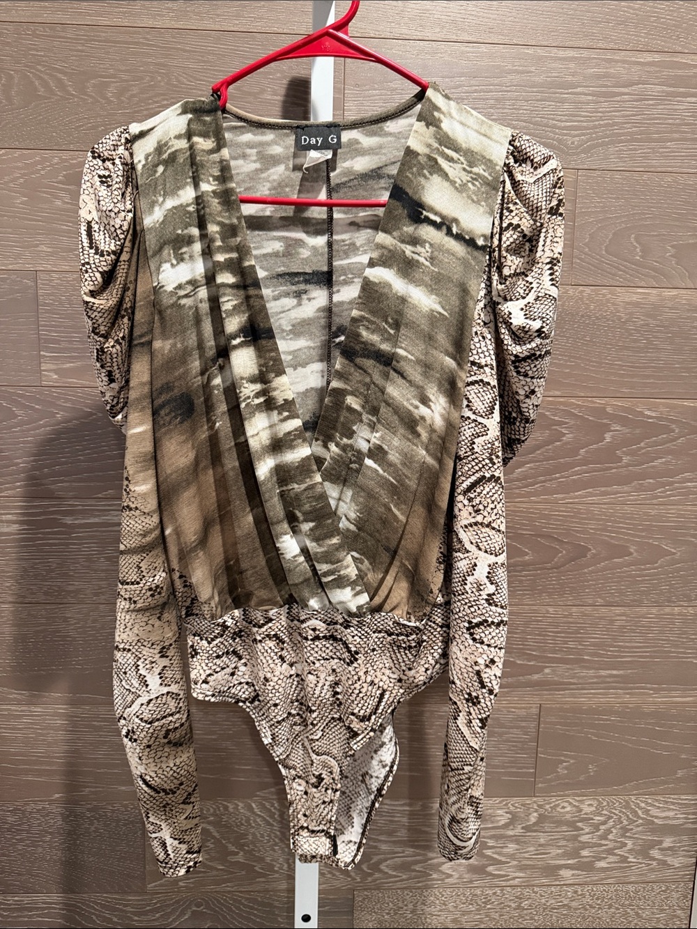 Olive Green & Beige Snake-Print Wrap Bodysuit
